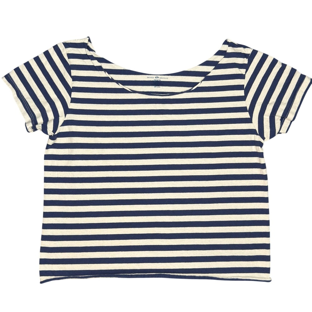 Brandy Melville Striped Top Off Shoulder Scoop Neck Cotton Navy